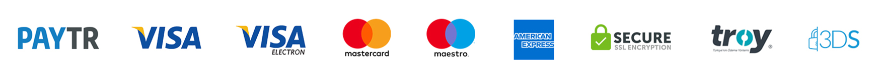 PayTR, Visa, Mastercard, American Express, SSL ve 3D Secure güvenli ödeme logoları